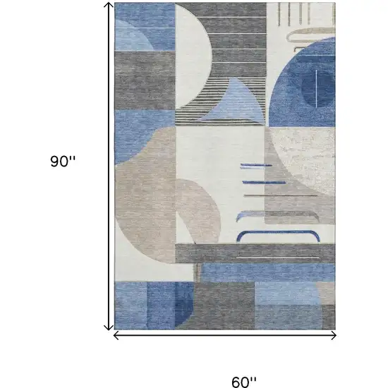 Blue Ivory And Gray Geometric Washable Area Rug With UV Protection Photo 9