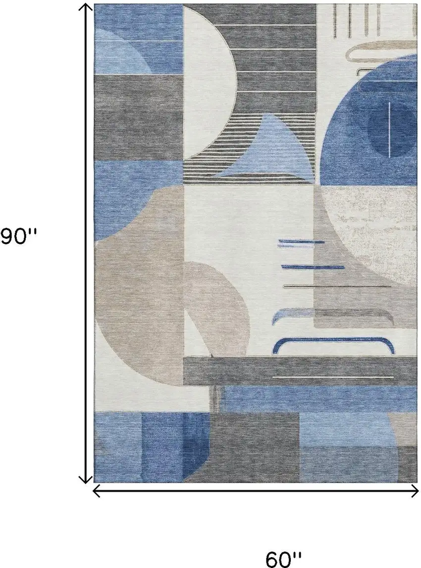 Blue Ivory And Gray Geometric Washable Area Rug With UV Protection Photo 9