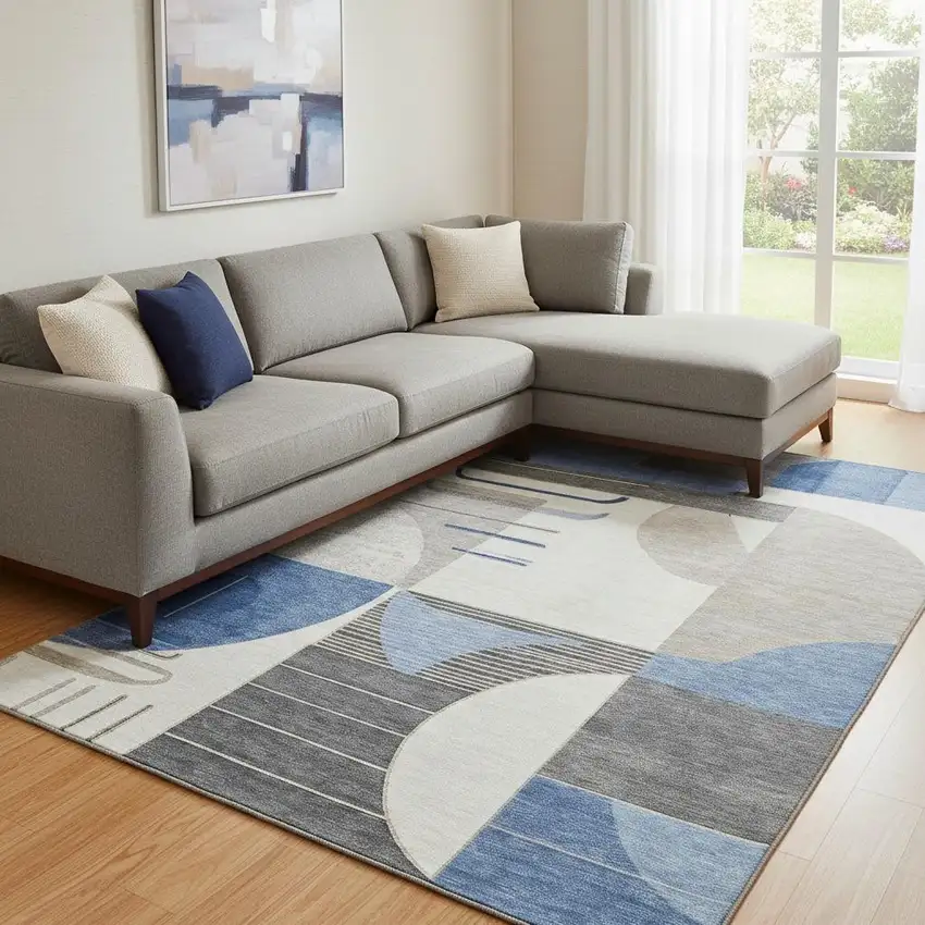 Blue Ivory And Gray Geometric Washable Area Rug With UV Protection Photo 2