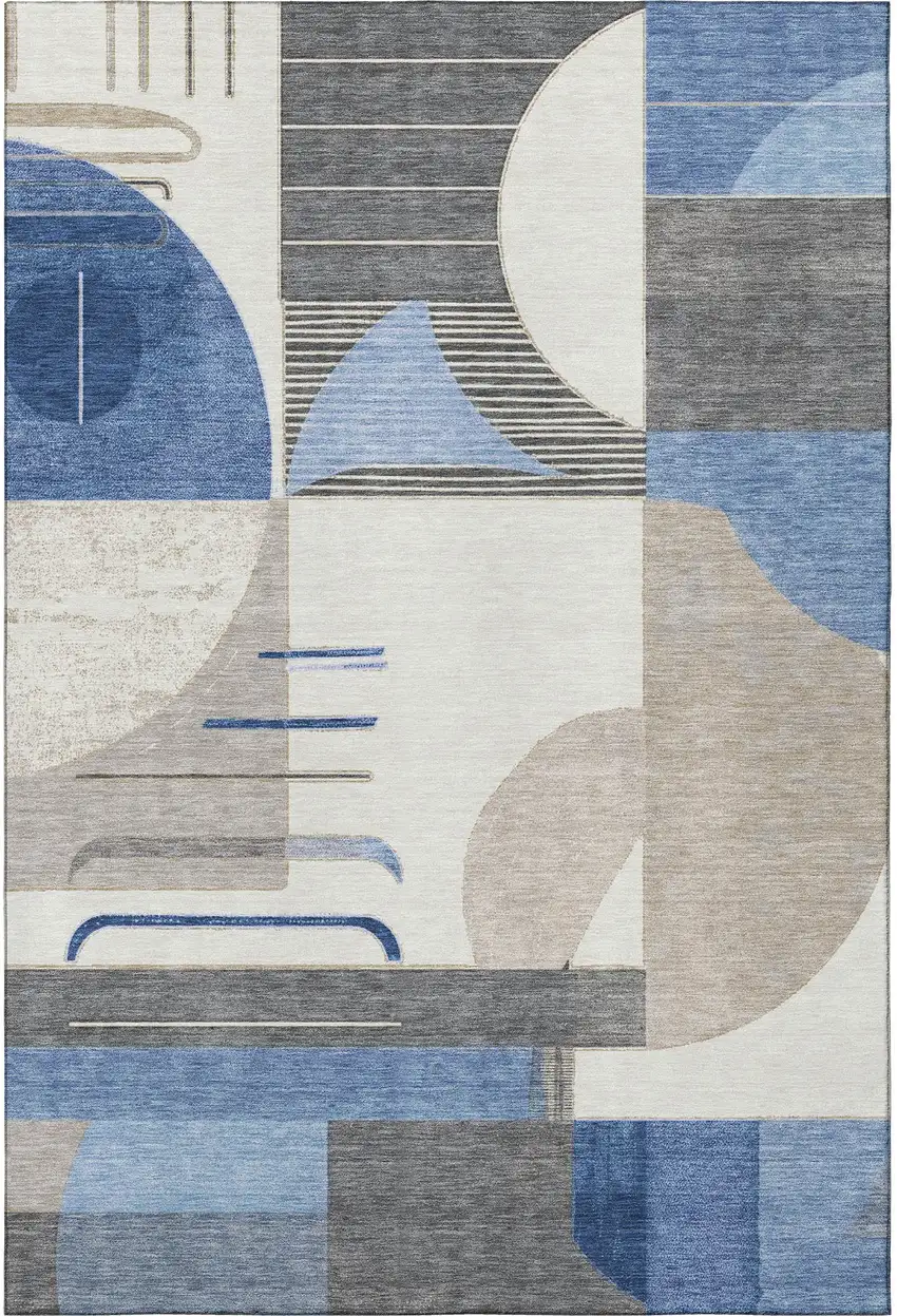 Blue Ivory And Gray Geometric Washable Area Rug With UV Protection Photo 3