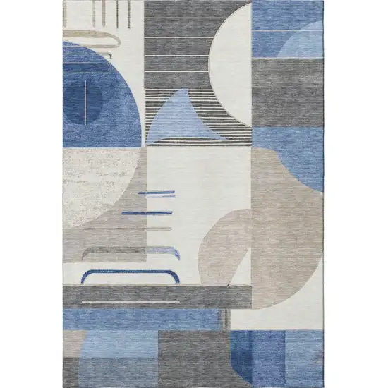 Blue Ivory And Gray Geometric Washable Area Rug With UV Protection Photo 3
