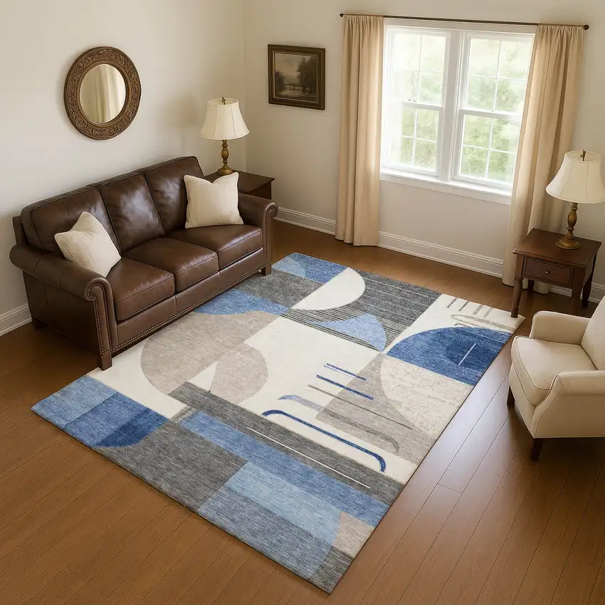Blue Ivory And Gray Geometric Washable Area Rug With UV Protection Photo 5
