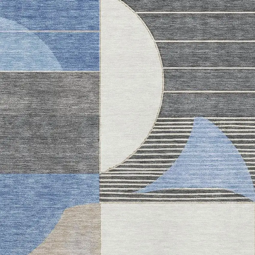 Blue Ivory And Gray Geometric Washable Area Rug With UV Protection Photo 2