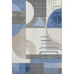 Photo of Blue Ivory And Gray Geometric Washable Area Rug With UV Protection