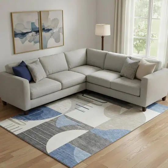 Blue Ivory And Gray Geometric Washable Area Rug With UV Protection Photo 2