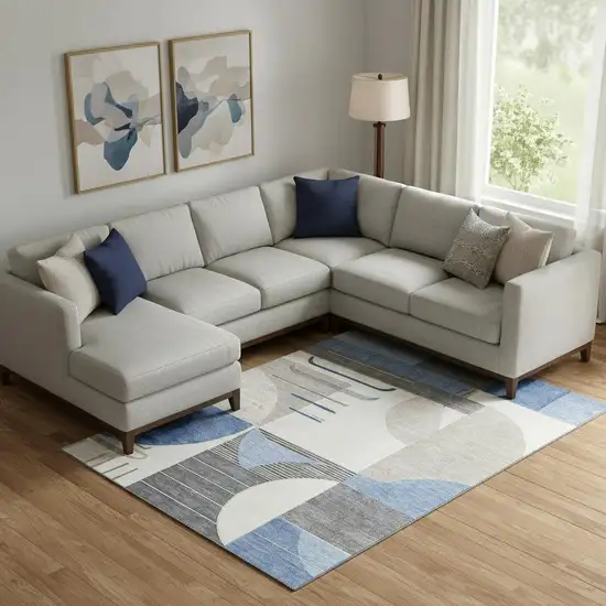 Blue Ivory And Gray Geometric Washable Area Rug With UV Protection Photo 2