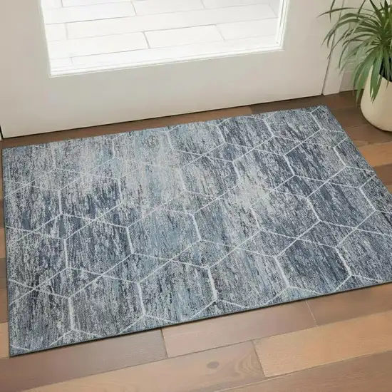 Blue Ivory And Gray Geometric Washable Area Rug With UV Protection Photo 2