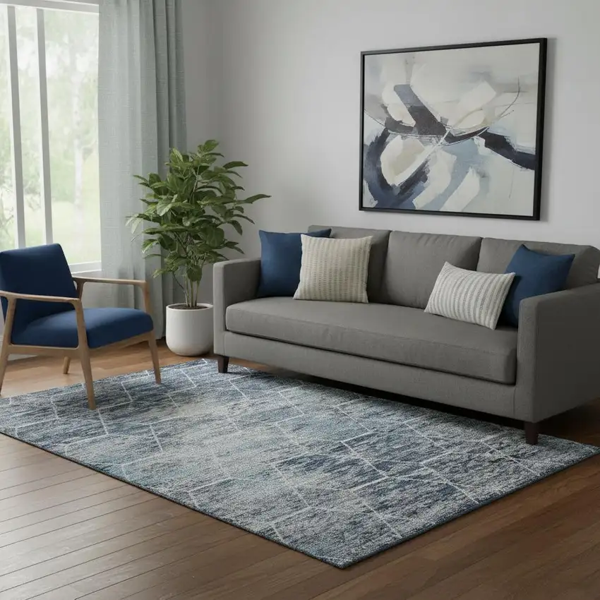 Blue Ivory And Gray Geometric Washable Area Rug With UV Protection Photo 2