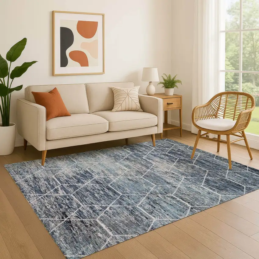 Blue Ivory And Gray Geometric Washable Area Rug With UV Protection Photo 4