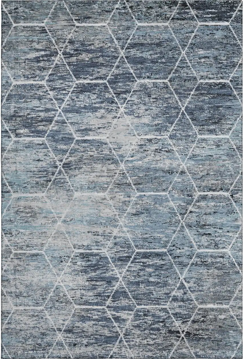 Blue Ivory And Gray Geometric Washable Area Rug With UV Protection Photo 1