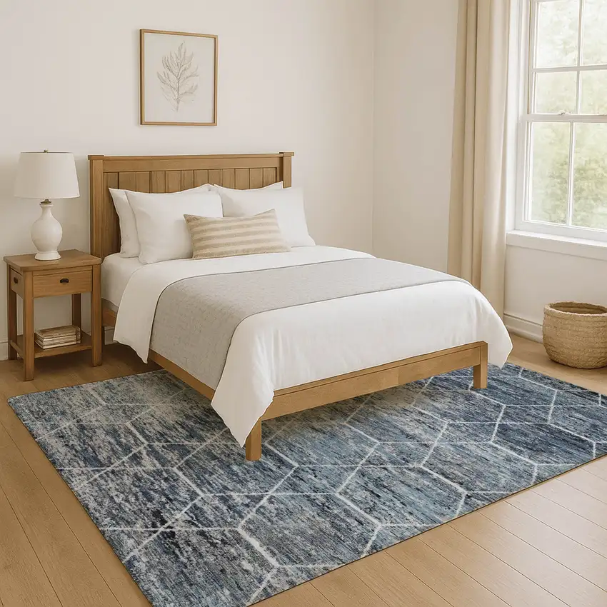 Blue Ivory And Gray Geometric Washable Area Rug With UV Protection Photo 5