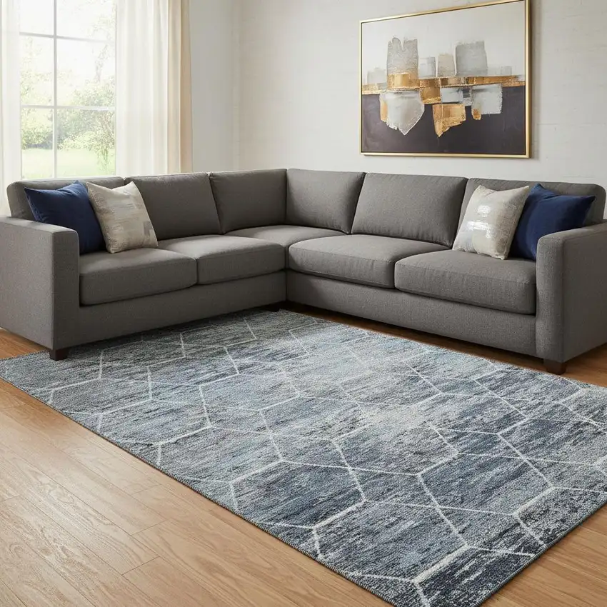 Blue Ivory And Gray Geometric Washable Area Rug With UV Protection Photo 2