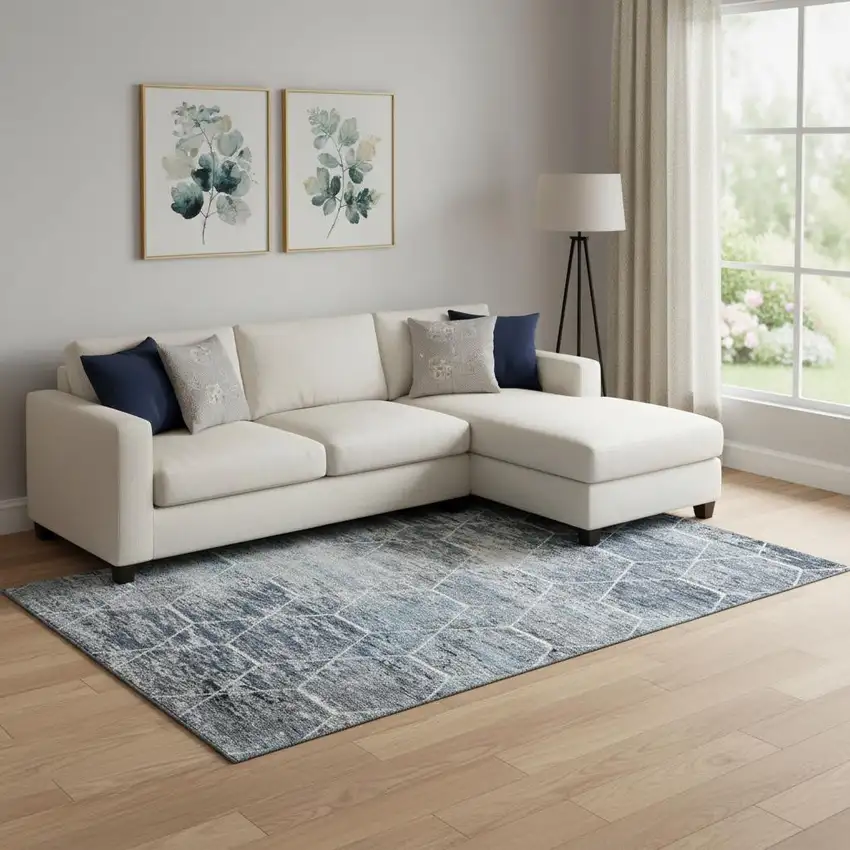 Blue Ivory And Gray Geometric Washable Area Rug With UV Protection Photo 2