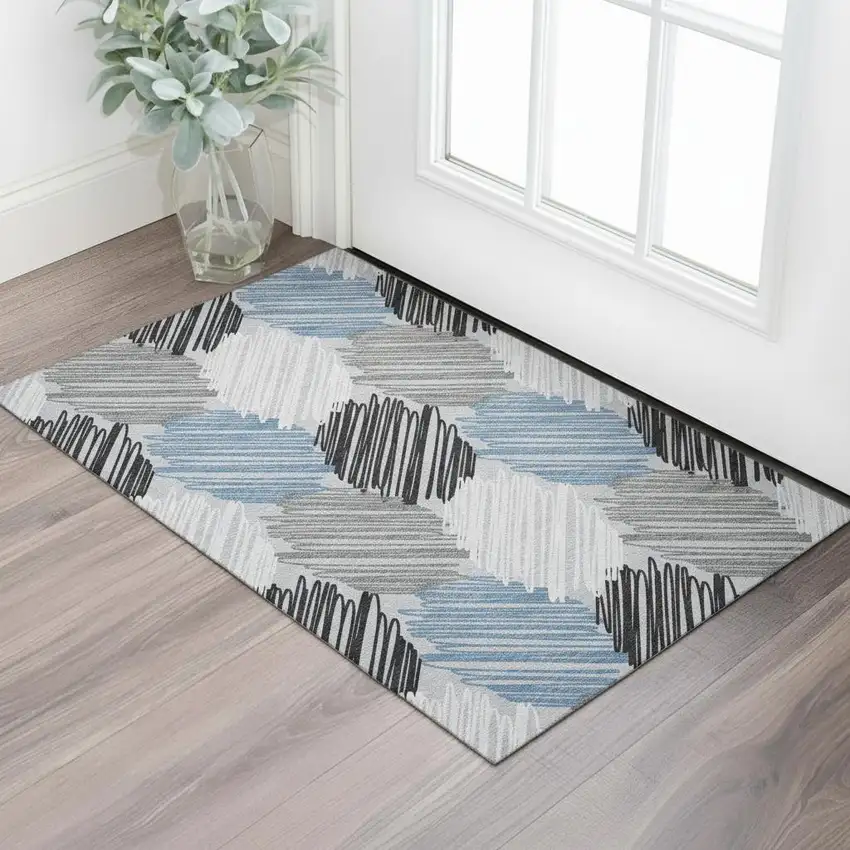 Blue Ivory And Gray Geometric Washable Area Rug With UV Protection Photo 2