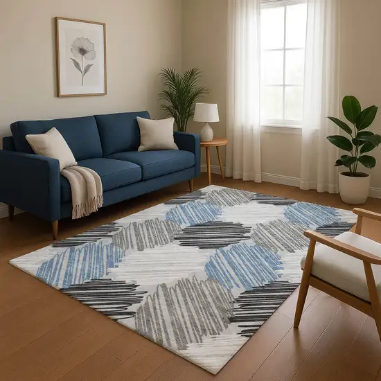 Blue Ivory And Gray Geometric Washable Area Rug With UV Protection Photo 5