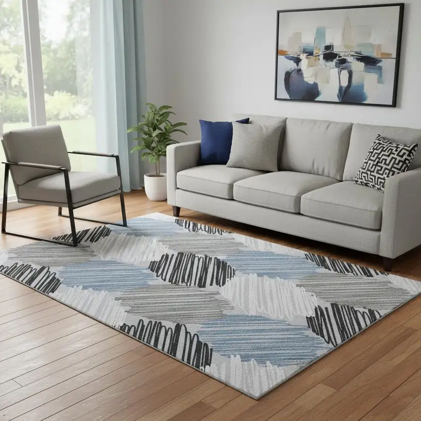 Blue Ivory And Gray Geometric Washable Area Rug With UV Protection Photo 2