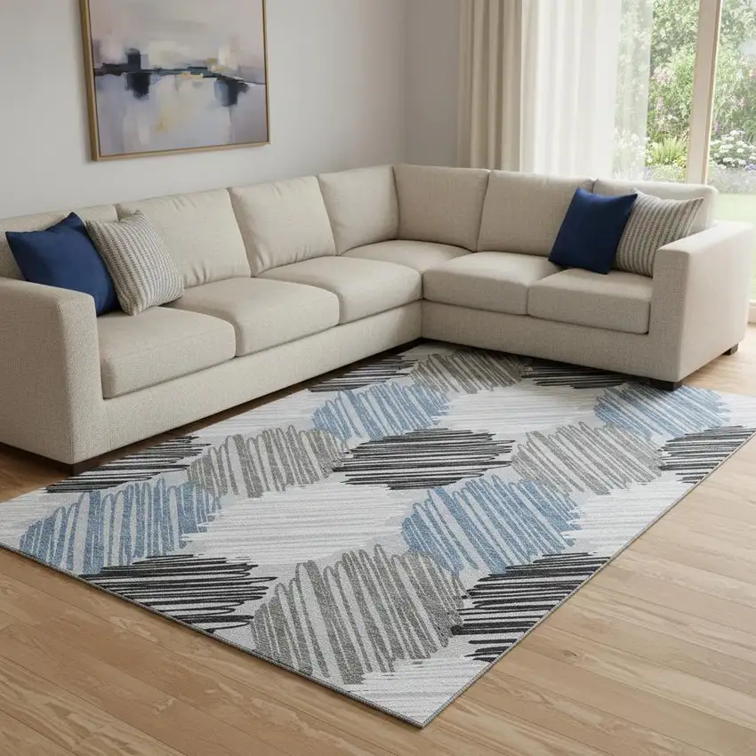 Blue Ivory And Gray Geometric Washable Area Rug With UV Protection Photo 2