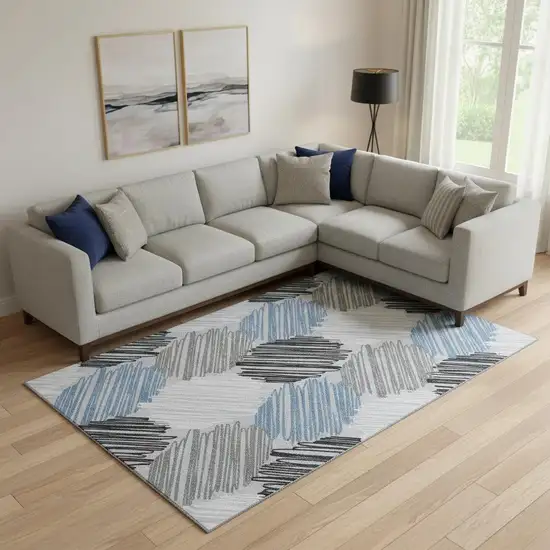 Blue Ivory And Gray Geometric Washable Area Rug With UV Protection Photo 2
