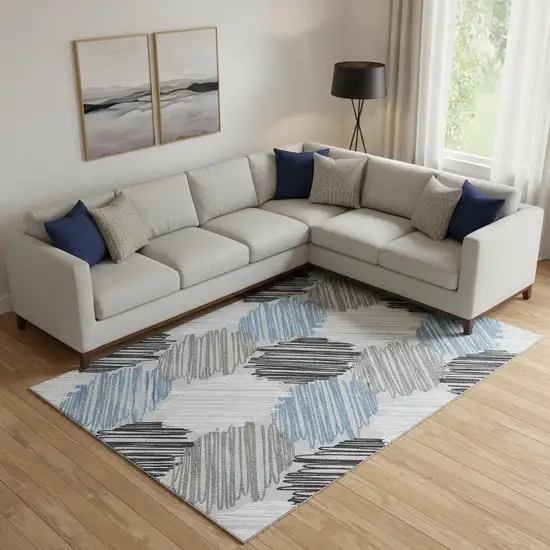 Blue Ivory And Gray Geometric Washable Area Rug With UV Protection Photo 2