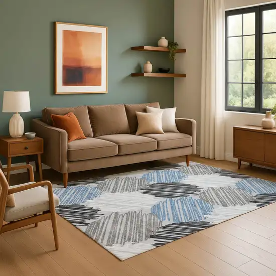 Blue Ivory And Gray Geometric Washable Area Rug With UV Protection Photo 6