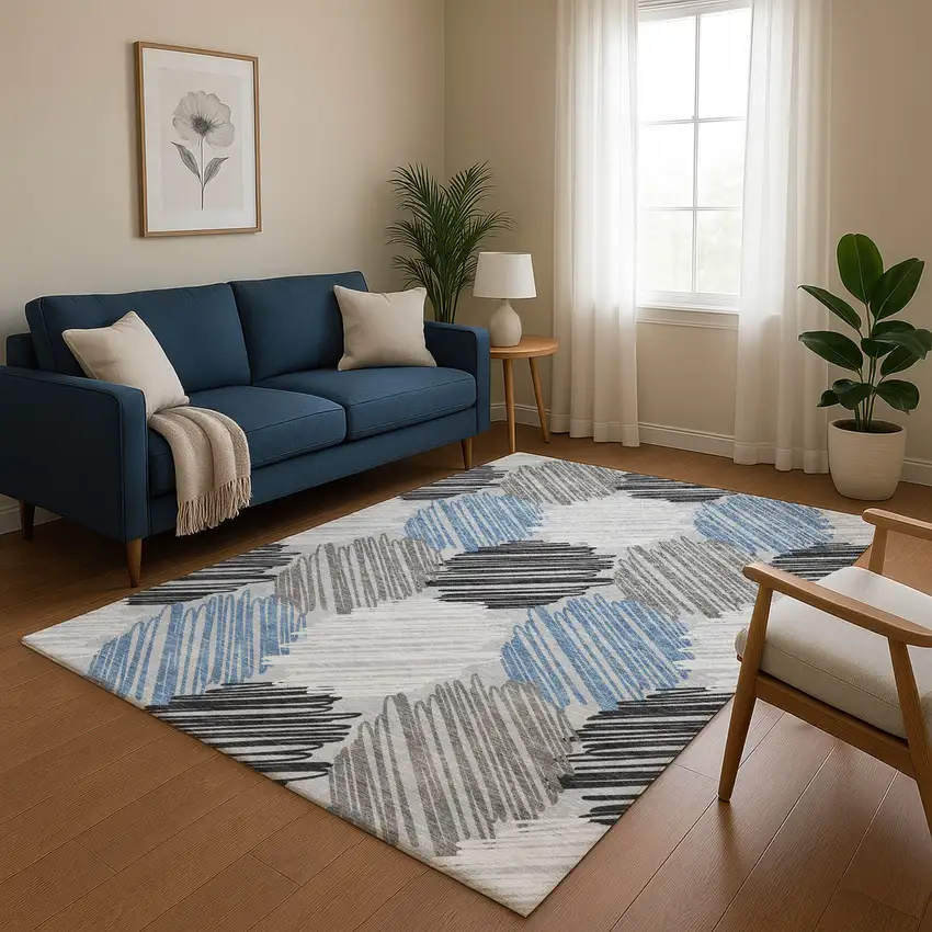 Blue Ivory And Gray Geometric Washable Area Rug With UV Protection Photo 5