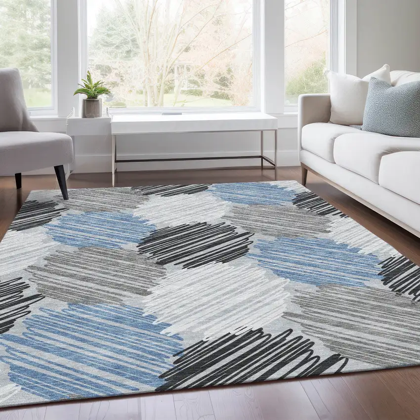 Blue Ivory And Gray Geometric Washable Indoor Outdoor Area Rug Photo 7