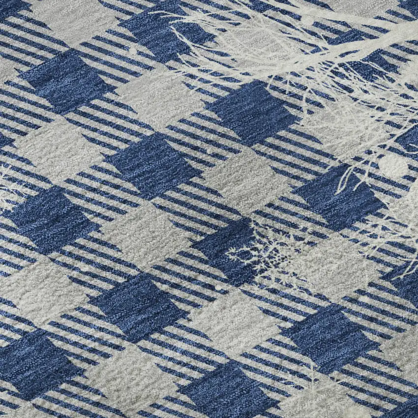 Blue Ivory And Gray Gingham Washable Area Rug With UV Protection Photo 9