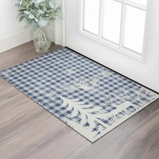 Blue Ivory And Gray Gingham Washable Area Rug With UV Protection Photo 2