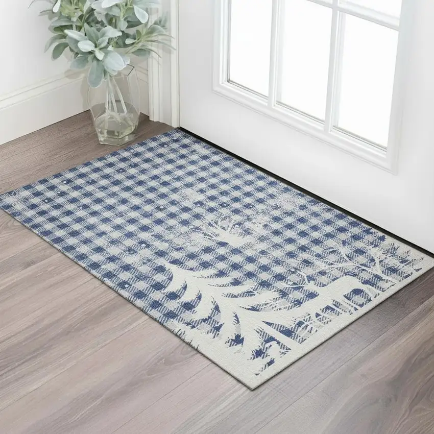 Blue Ivory And Gray Gingham Washable Area Rug With UV Protection Photo 2
