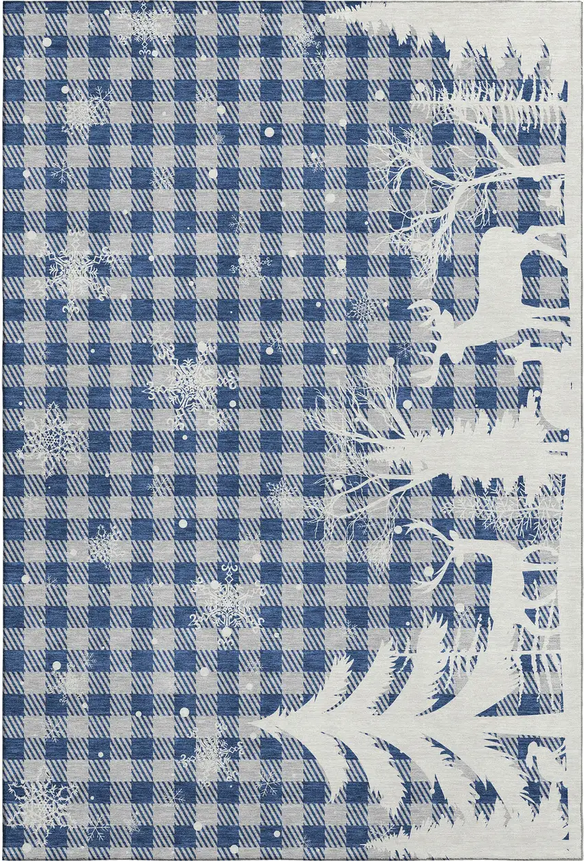 Blue Ivory And Gray Gingham Washable Area Rug With UV Protection Photo 1