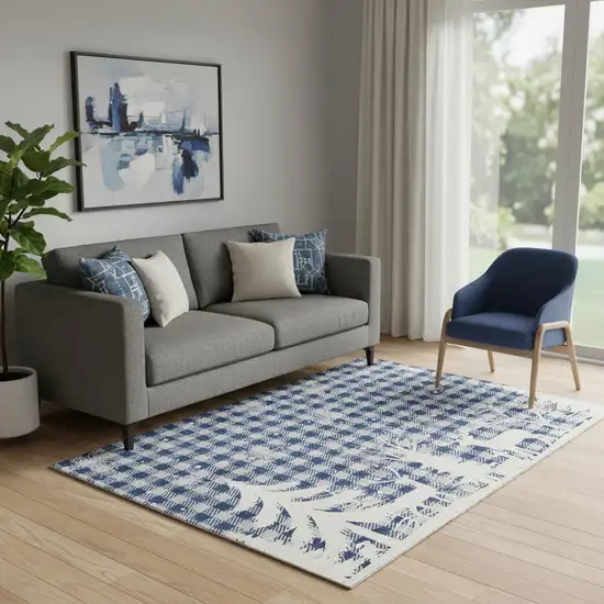 Blue Ivory And Gray Gingham Washable Area Rug With UV Protection Photo 2