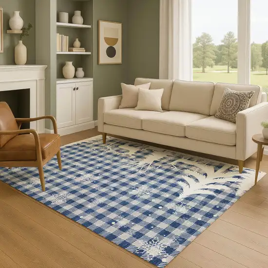 Blue Ivory And Gray Gingham Washable Area Rug With UV Protection Photo 5