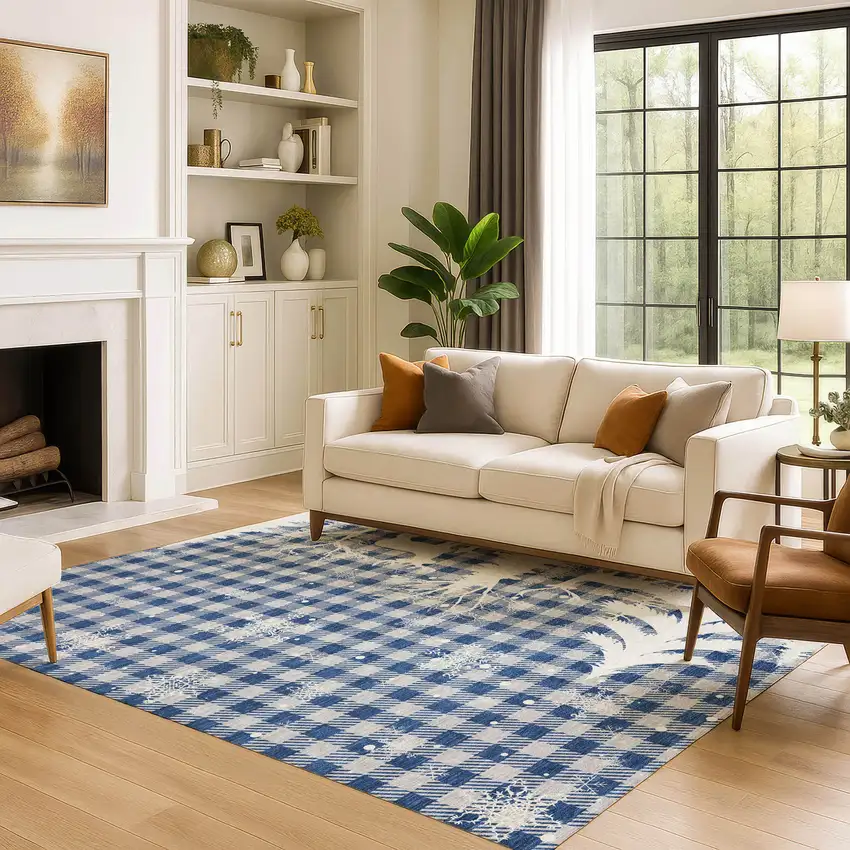 Blue Ivory And Gray Gingham Washable Area Rug With UV Protection Photo 6