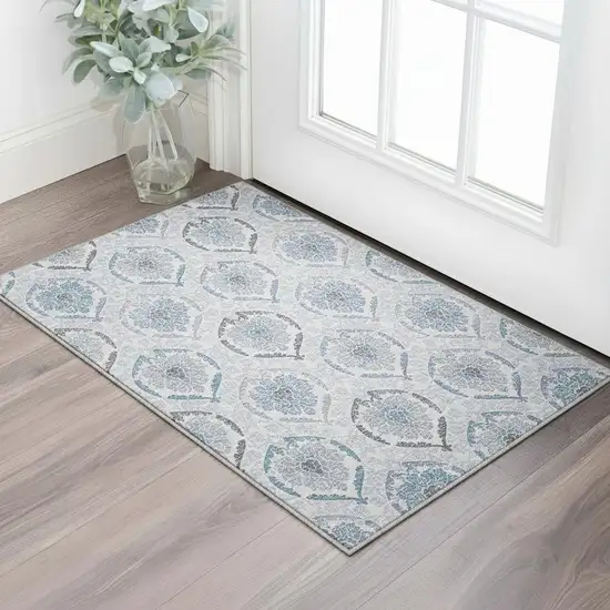 Blue Ivory And Gray Medallion Washable Area Rug With UV Protection Photo 2