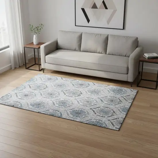 Blue Ivory And Gray Medallion Washable Area Rug With UV Protection Photo 2