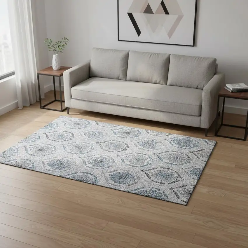 Blue Ivory And Gray Medallion Washable Area Rug With UV Protection Photo 2