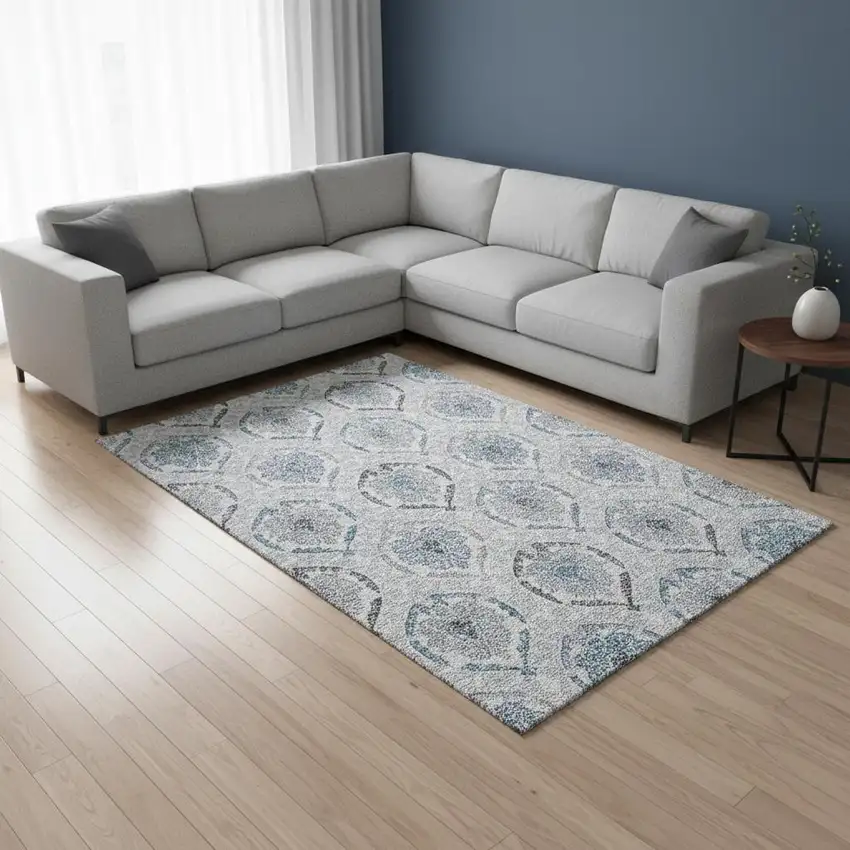 Blue Ivory And Gray Medallion Washable Area Rug With UV Protection Photo 2