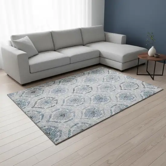 Blue Ivory And Gray Medallion Washable Area Rug With UV Protection Photo 2