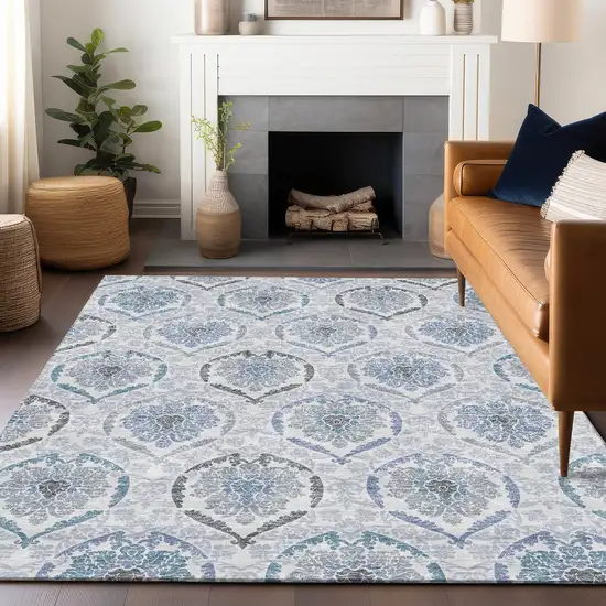Blue Ivory And Gray Medallion Washable Area Rug With UV Protection Photo 6