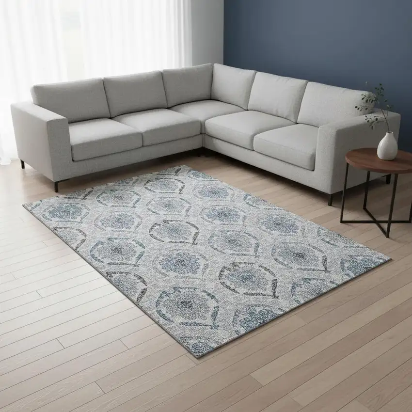 Blue Ivory And Gray Medallion Washable Area Rug With UV Protection Photo 2