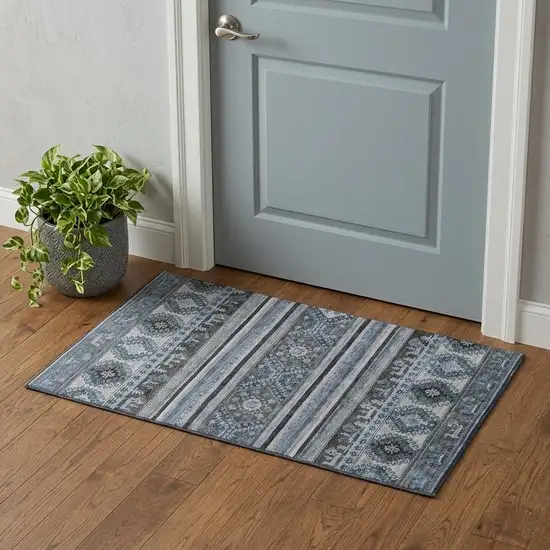 Blue Ivory And Gray Medallion Washable Area Rug With UV Protection Photo 1