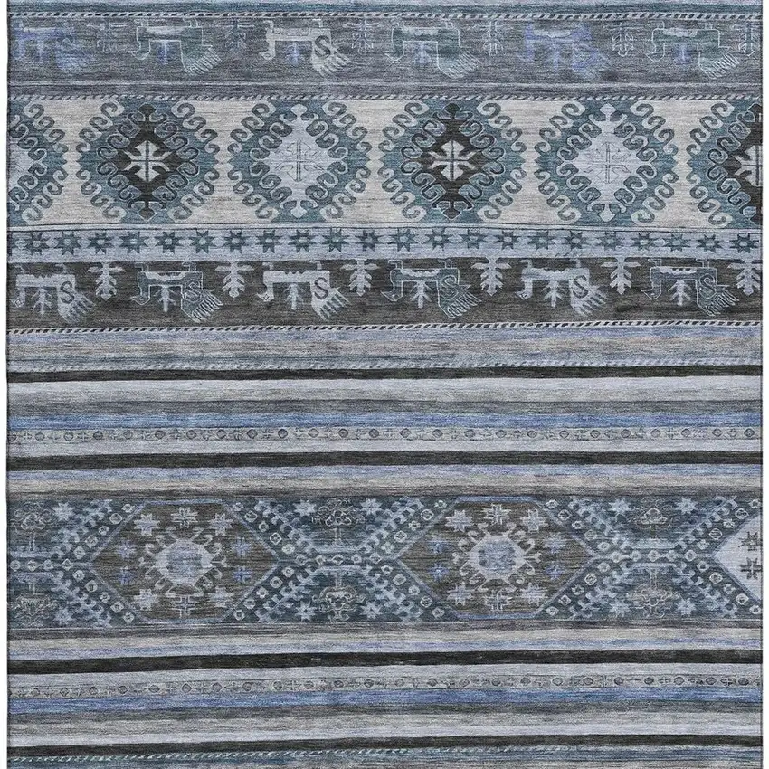 Blue Ivory And Gray Medallion Washable Area Rug With UV Protection Photo 3