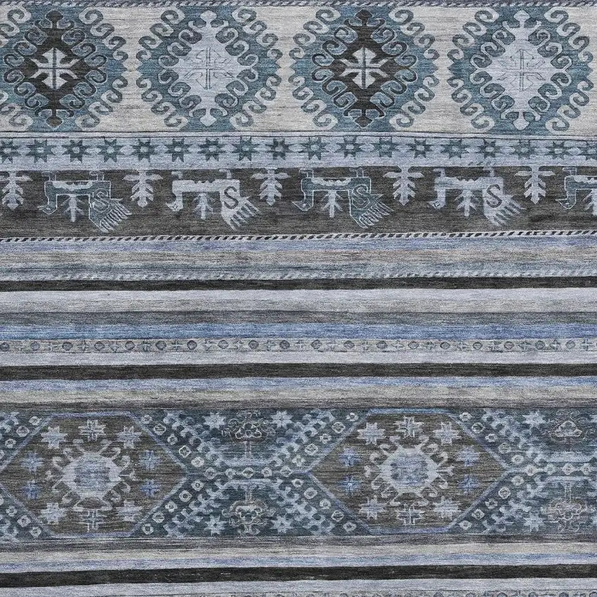 Blue Ivory And Gray Medallion Washable Area Rug With UV Protection Photo 2