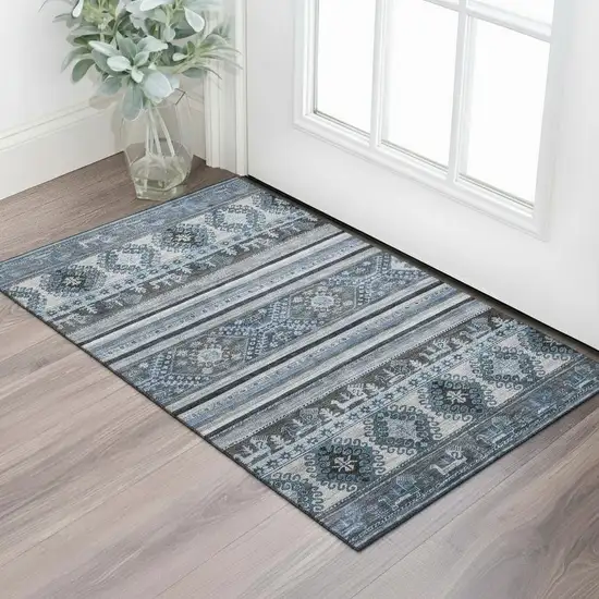 Blue Ivory And Gray Medallion Washable Area Rug With UV Protection Photo 2