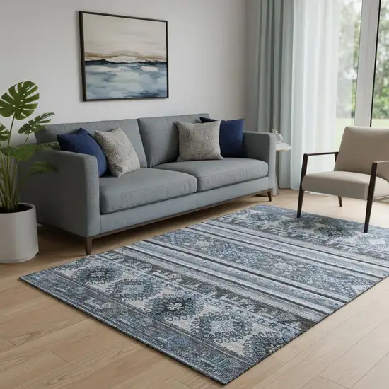 Blue Ivory And Gray Medallion Washable Area Rug With UV Protection Photo 2