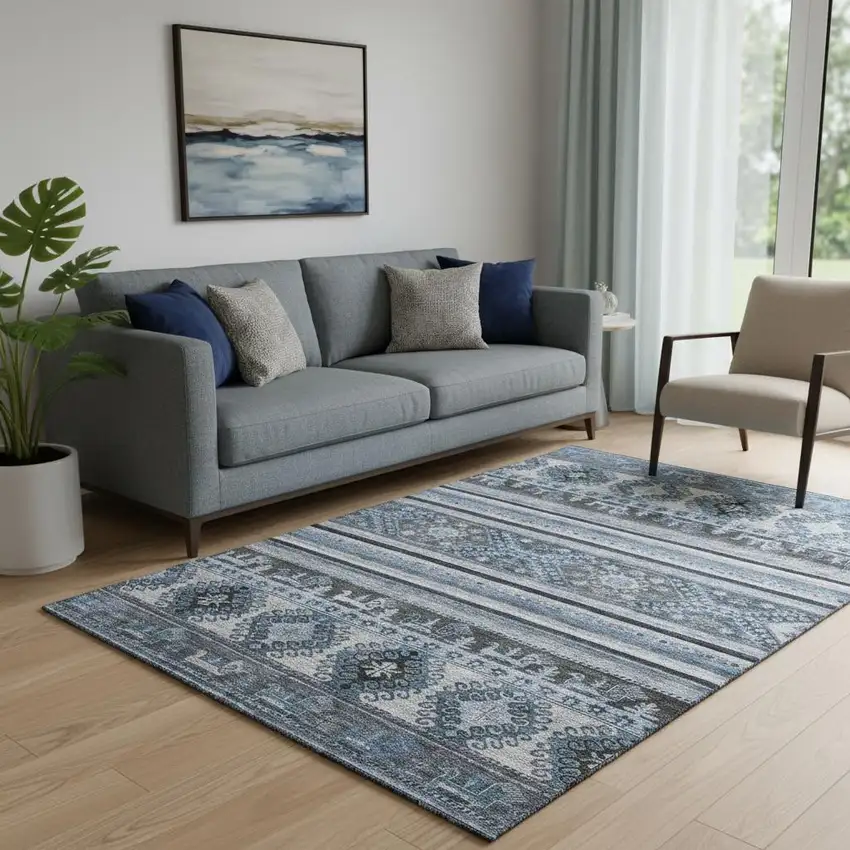 Blue Ivory And Gray Medallion Washable Area Rug With UV Protection Photo 2