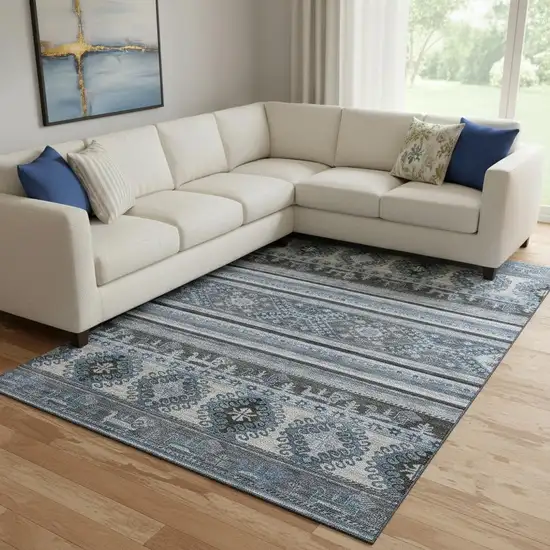 Blue Ivory And Gray Medallion Washable Area Rug With UV Protection Photo 2