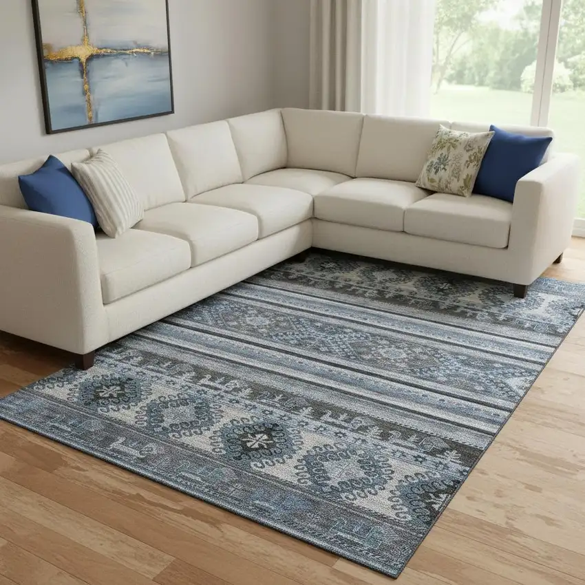 Blue Ivory And Gray Medallion Washable Area Rug With UV Protection Photo 2