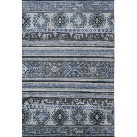 Blue Ivory And Gray Medallion Washable Area Rug With UV Protection Photo 2