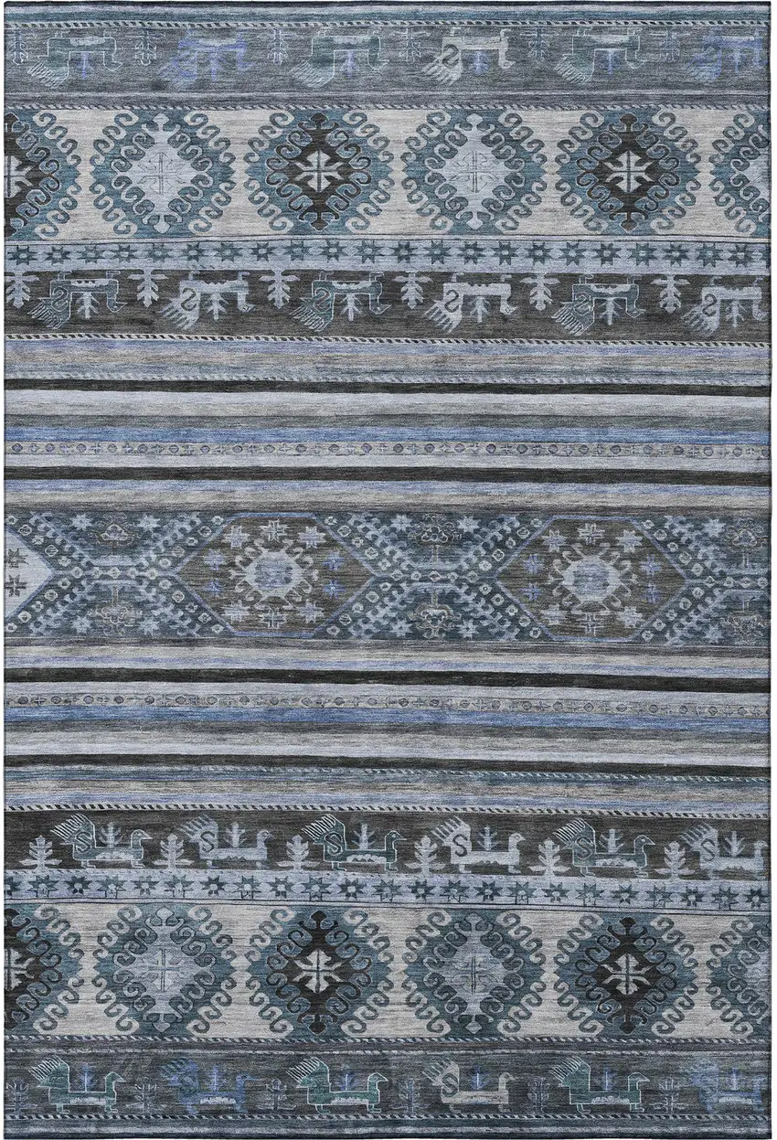 Blue Ivory And Gray Medallion Washable Area Rug With UV Protection Photo 2